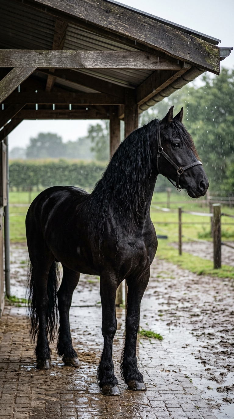 Friesian horse in the rain